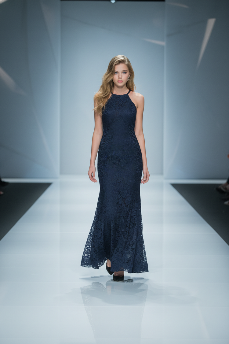 Xscape Navy Lace Gown with Halter Top and Cross Back, Size 4