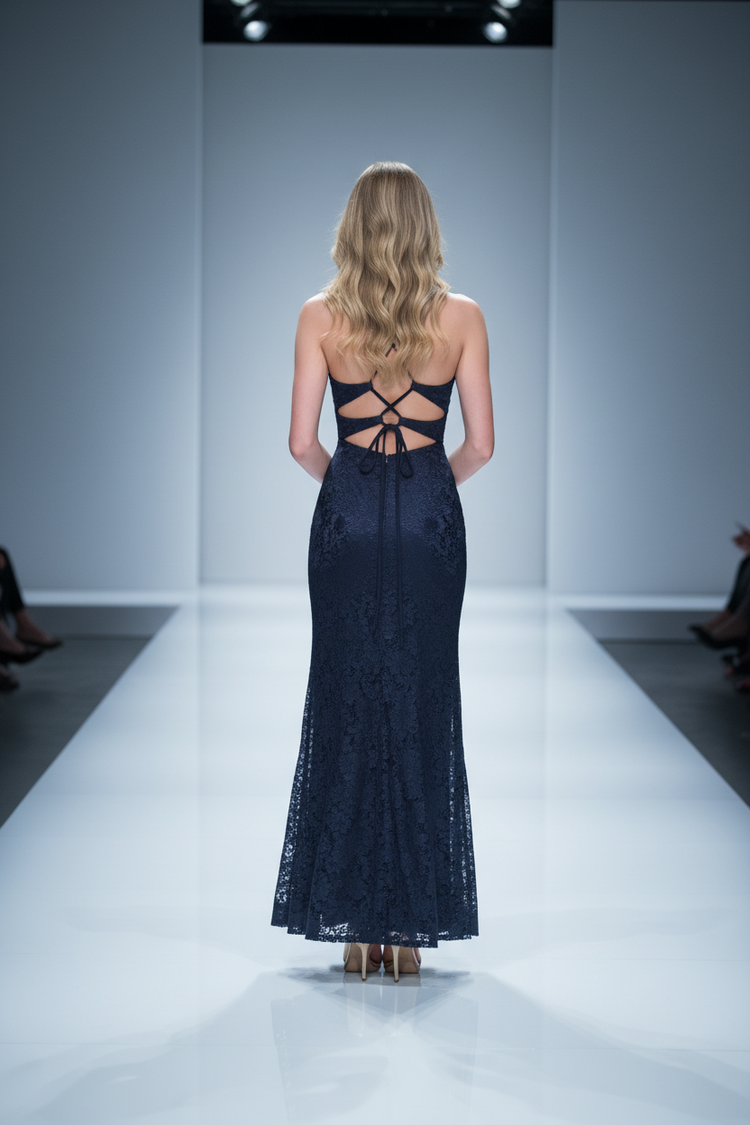 Xscape Navy Lace Gown with Halter Top and Cross Back, Size 4