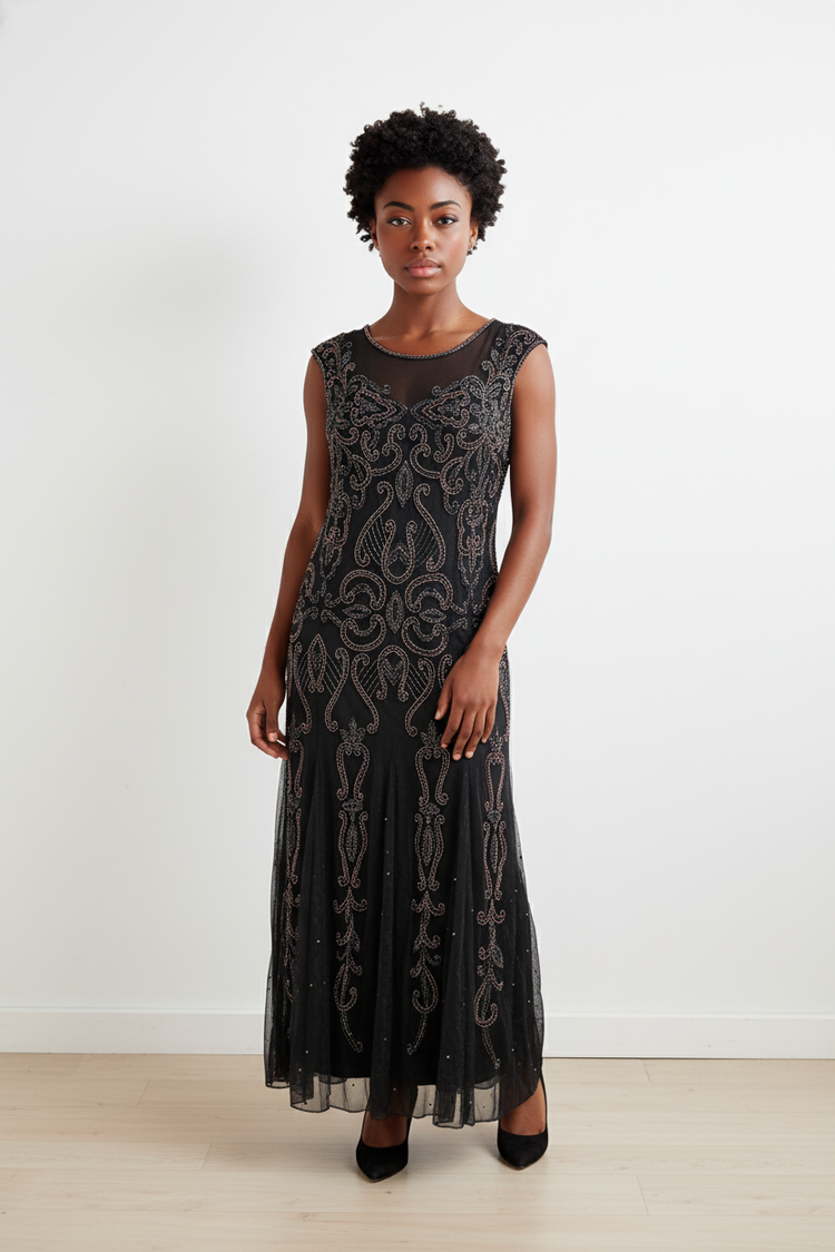 Pisarro Nights Black Mesh Layered Gown with Full Beaded Design, Size 24W