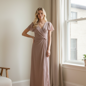 Pale Pink Glitter Mock Wrap Gown with Ruching, Size 4