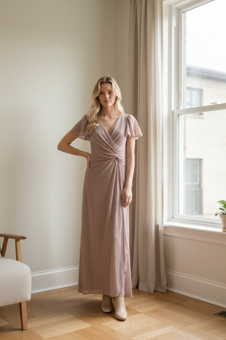 Pale Pink Glitter Mock Wrap Gown with Ruching, Size 4