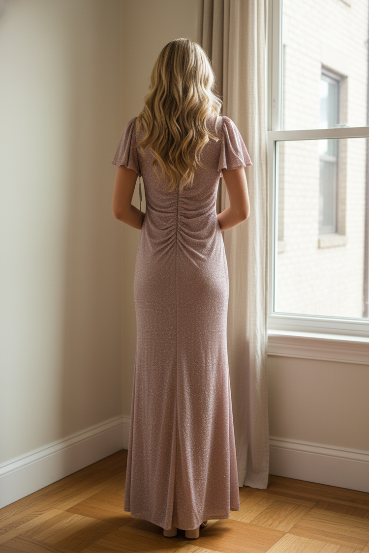 Pale Pink Glitter Mock Wrap Gown with Ruching, Size 4