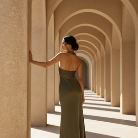 NW Nightway Olive Satiny Gown with Floral Applique Trim, Size 8