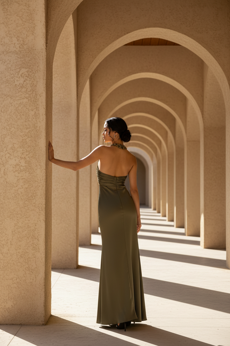 NW Nightway Olive Satiny Gown with Floral Applique Trim, Size 8