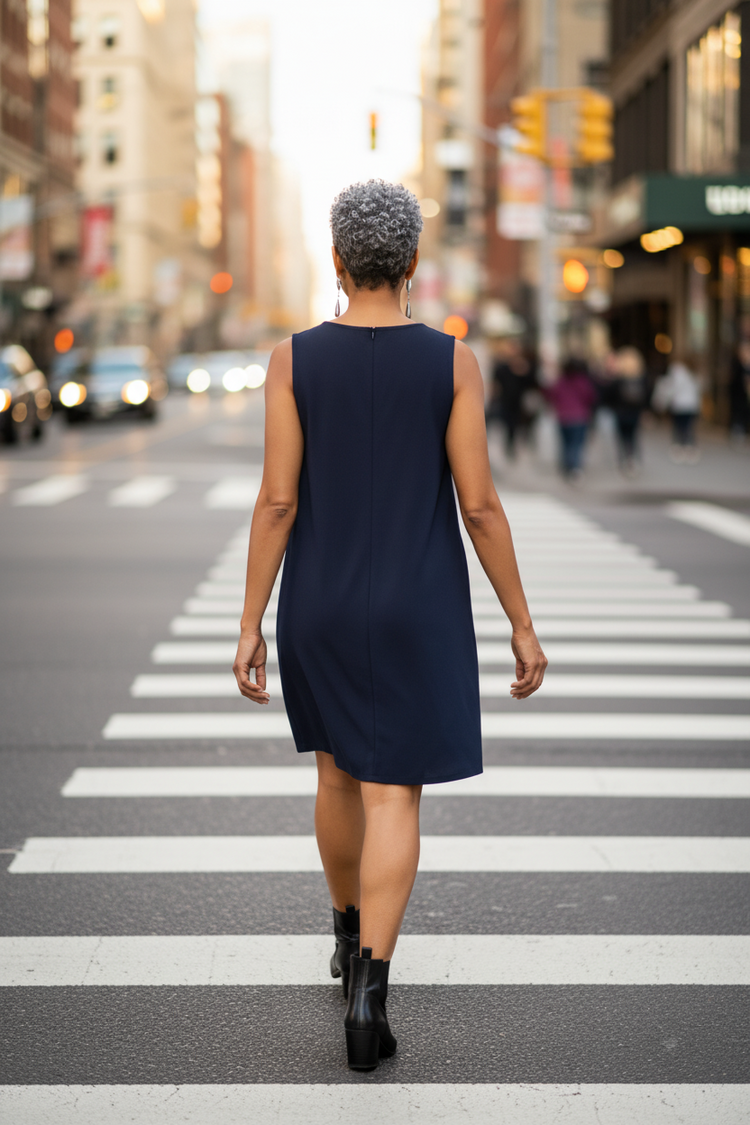 R & M Richards Navy Sleeveless Dress with Floral Neckline and Attached Necklace, Size 12P