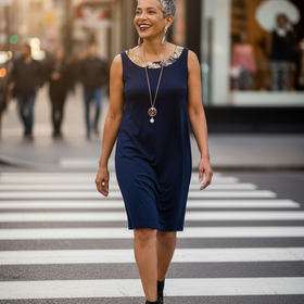 R & M Richards Navy Sleeveless Dress with Floral Neckline and Attached Necklace, Size 12P
