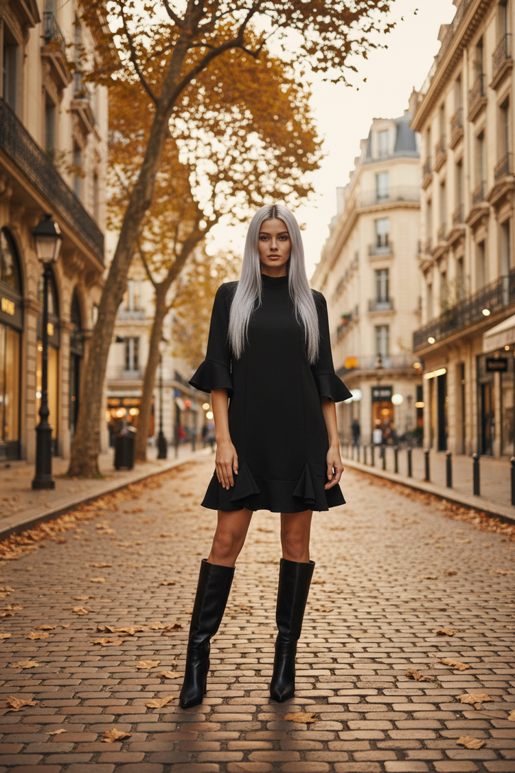 Adrianna Papell Black Dress with Ruffle Hem and Ruffle 3/4 Sleeves, Size 10