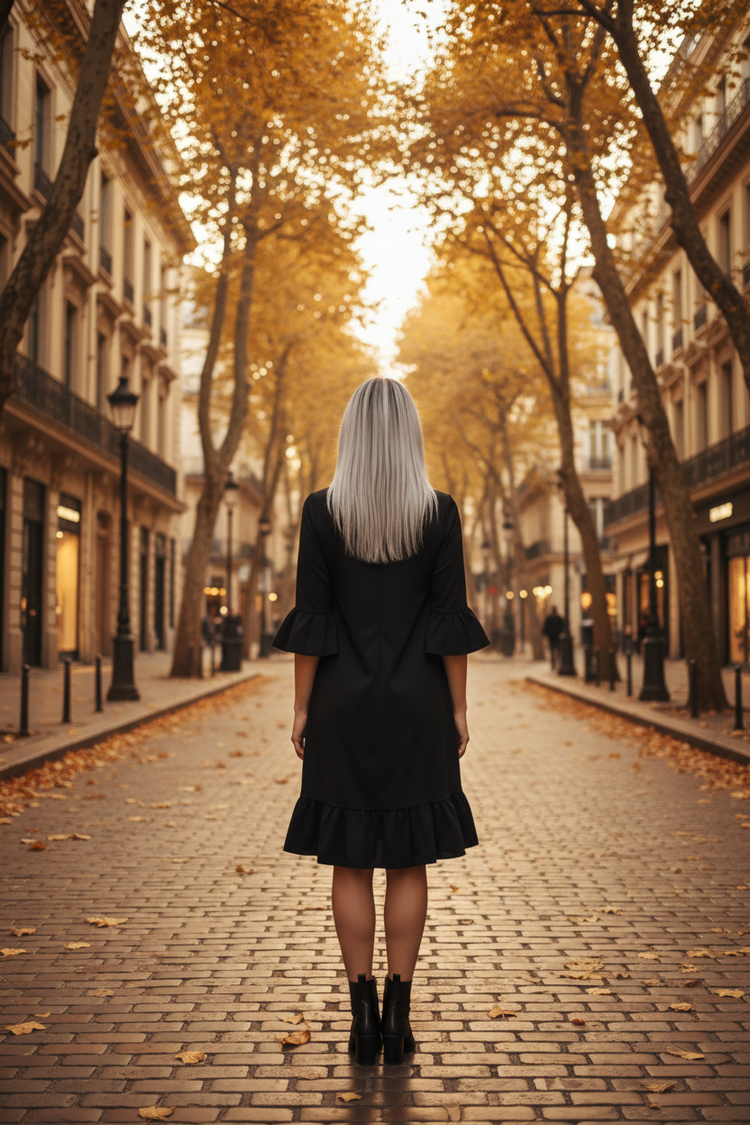 Adrianna Papell Black Dress with Ruffle Hem and Ruffle 3/4 Sleeves, Size 10