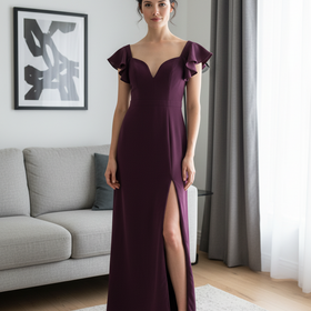 Xscape Wine Gown with Ruffled Sleeve and Side Slit. Size 4