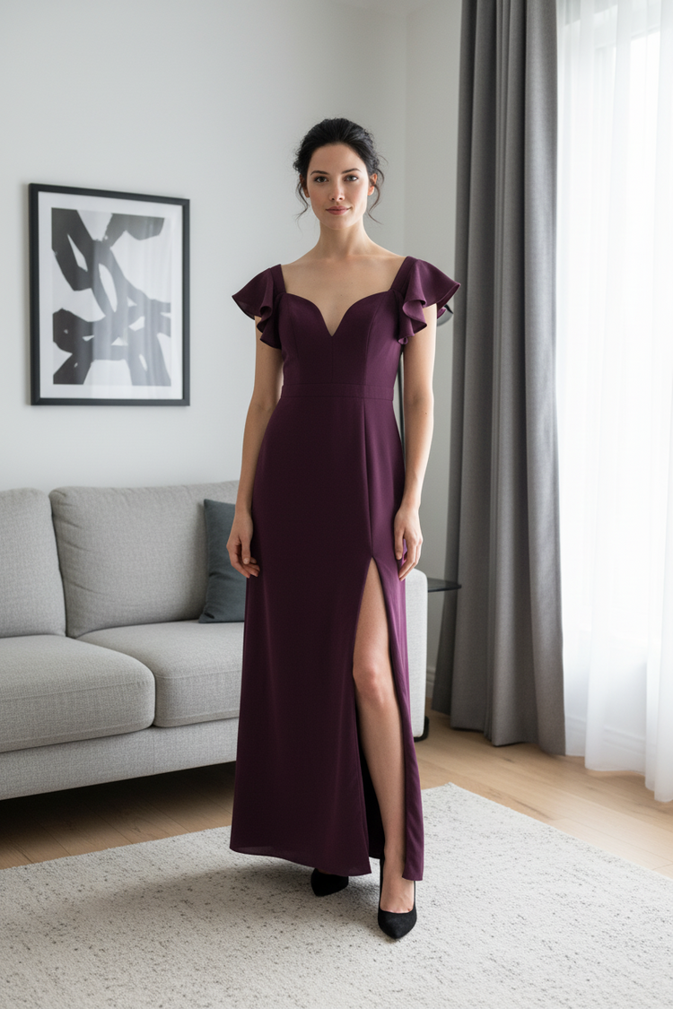Xscape Wine Gown with Ruffled Sleeve and Side Slit. Size 4