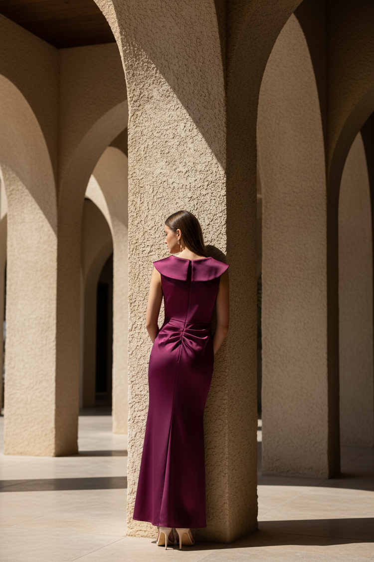 Xscape Wine Ruched Gown with Portrait Collar, Size 14