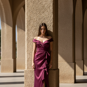 Xscape Wine Ruched Gown with Portrait Collar, Size 14