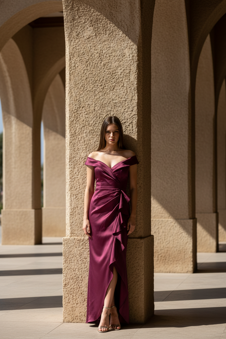 Xscape Wine Ruched Gown with Portrait Collar, Size 14