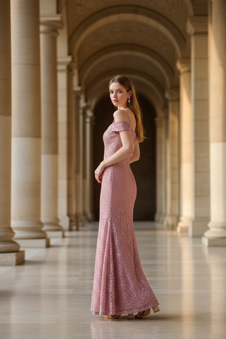 R&M Richards Pink Lace Off-Shoulder Trumpet Gown, Size 14