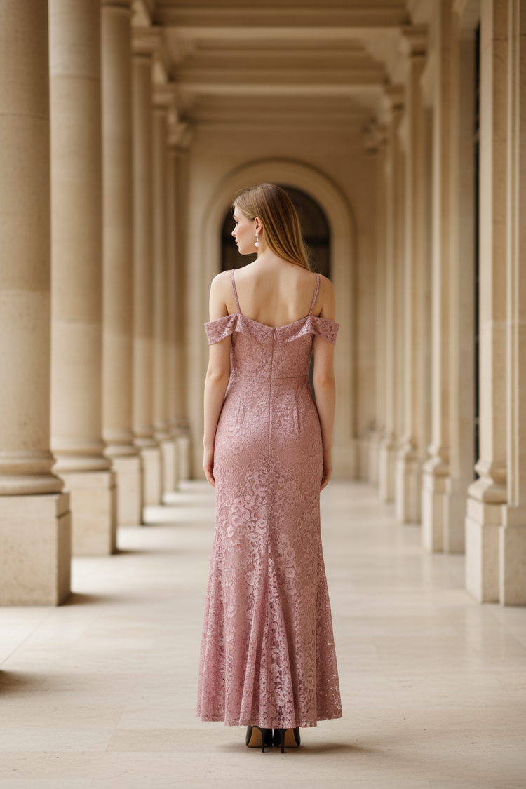 R&M Richards Pink Lace Off-Shoulder Trumpet Gown, Size 14