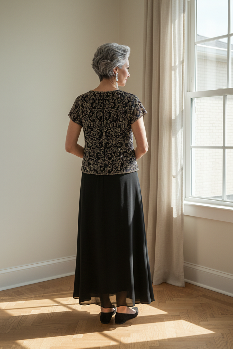 Pisarro Nights Black Gown with Silver Sequin Bodice, Size 6P