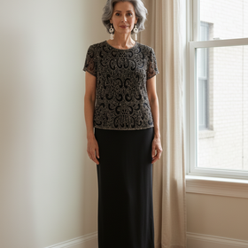 Pisarro Nights Black Gown with Silver Sequin Bodice, Size 6P