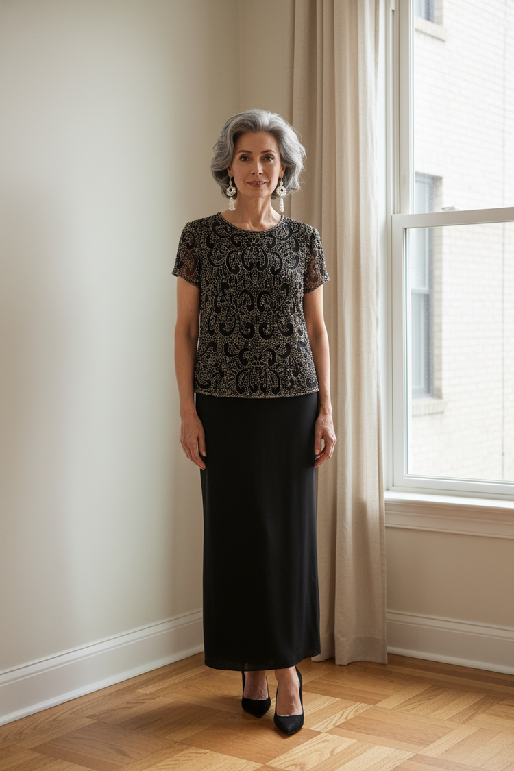 Pisarro Nights Black Gown with Silver Sequin Bodice, Size 6P