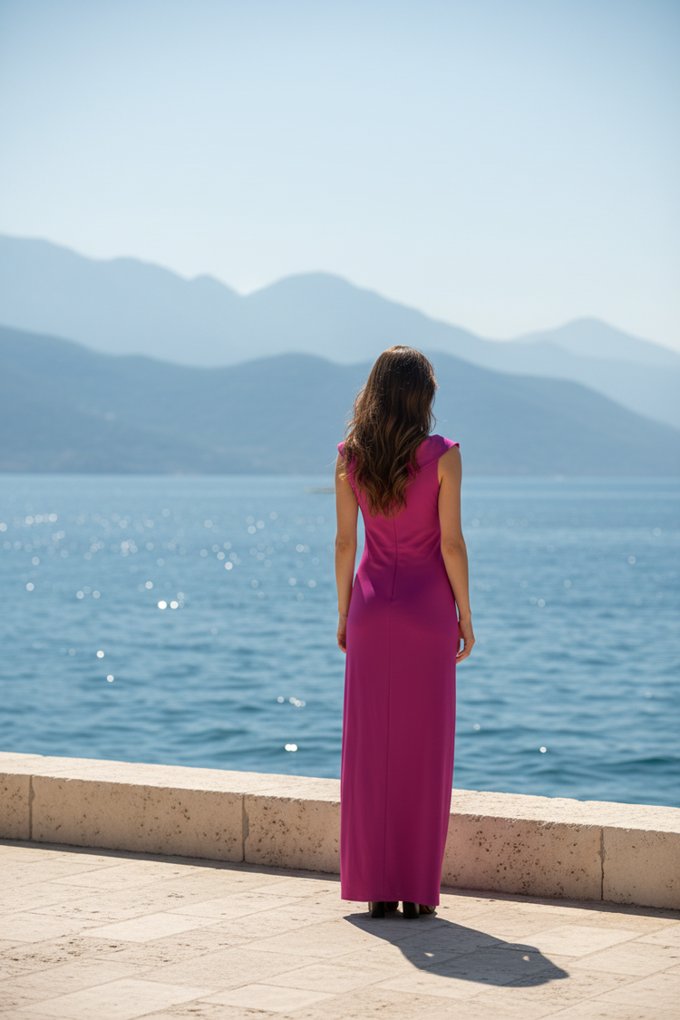 Ralph Lauren Fuchsia Faux-Wrap Gown with Side Ruching, Size 14