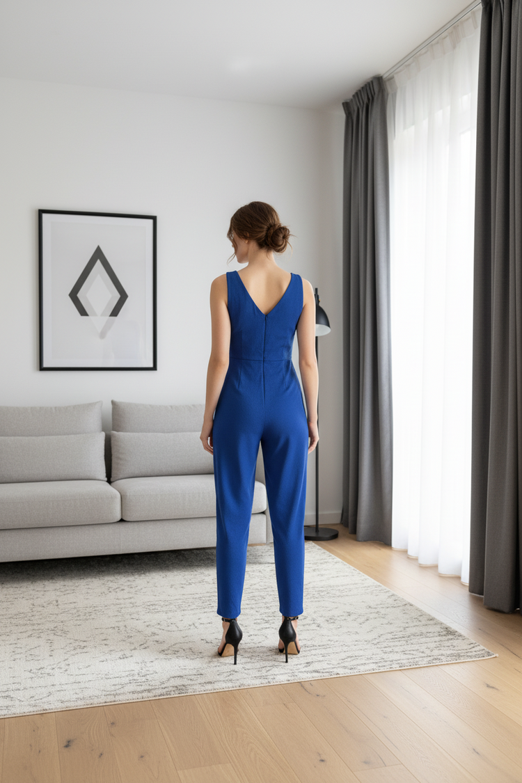 London Times Royal Blue Faux-Wrap Jumpsuit, Size 16