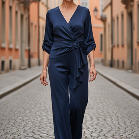 Adrianna Papell Dark Navy Blue Satin & Crepe Jumpsuit, Size 14