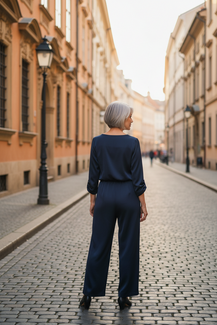 Adrianna Papell Dark Navy Blue Satin & Crepe Jumpsuit, Size 14