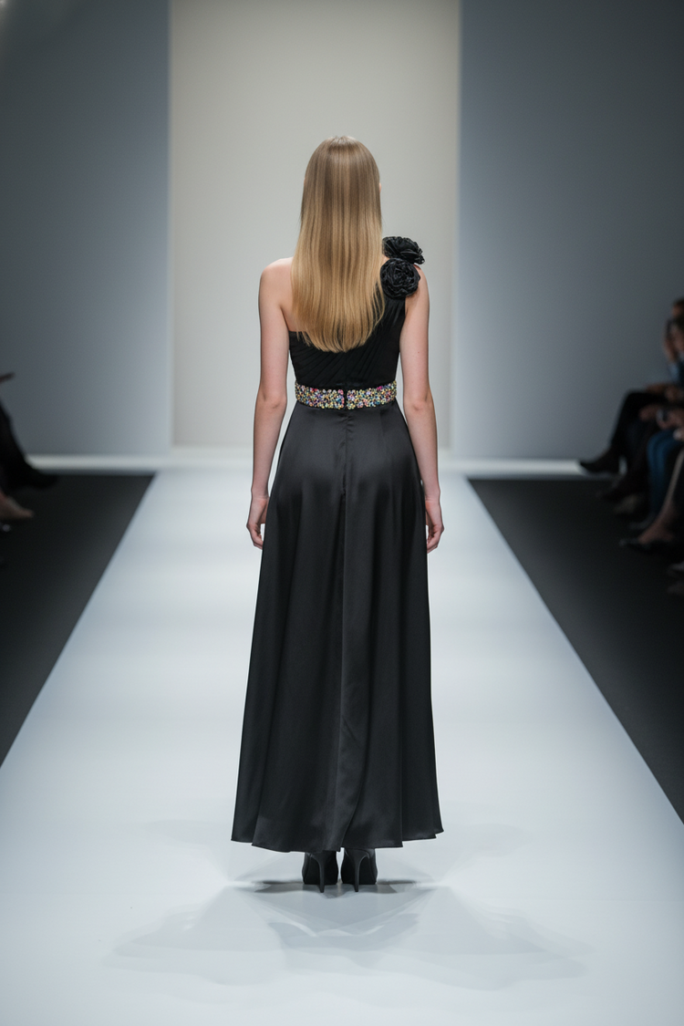 Splash Black Satin One-Shoulder Gown with Embellished Waist, Size 0