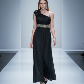 Splash Black Satin One-Shoulder Gown with Embellished Waist, Size 0