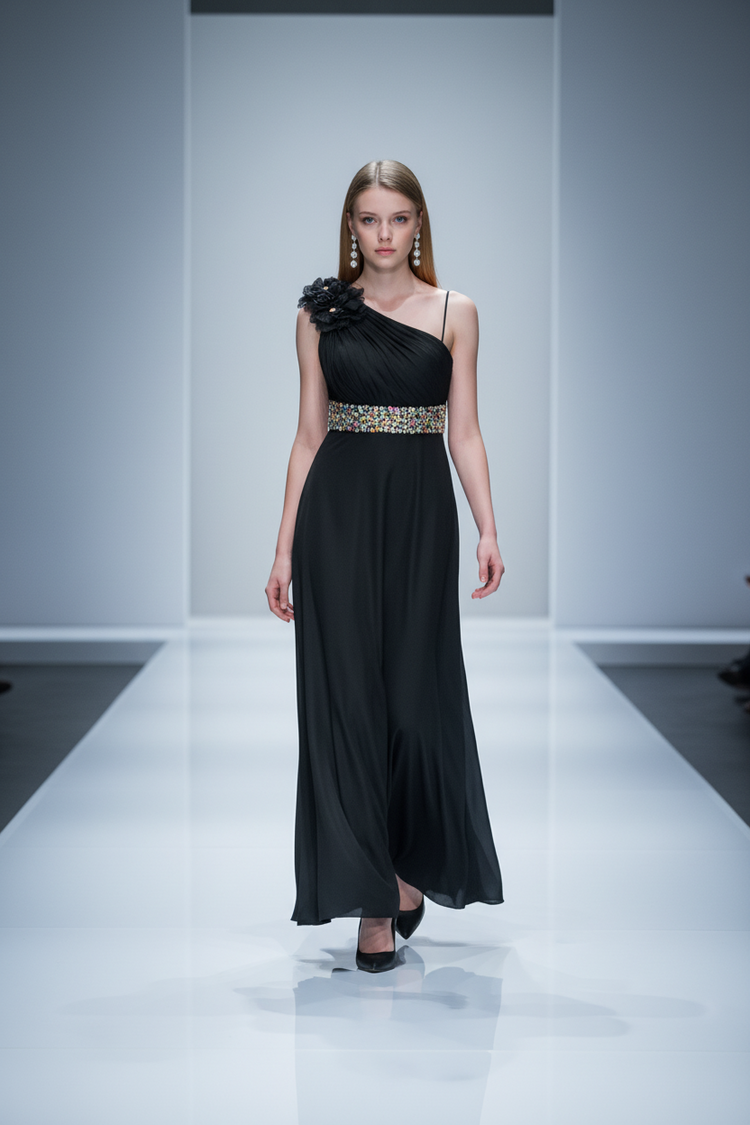 Splash Black Satin One-Shoulder Gown with Embellished Waist, Size 0