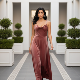 Terra Cotta Velvet Gown with Drape Neck, Size 4