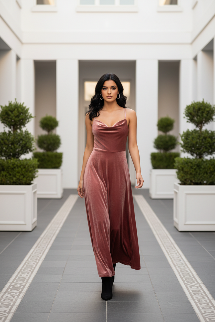 Terra Cotta Velvet Gown with Drape Neck, Size 4