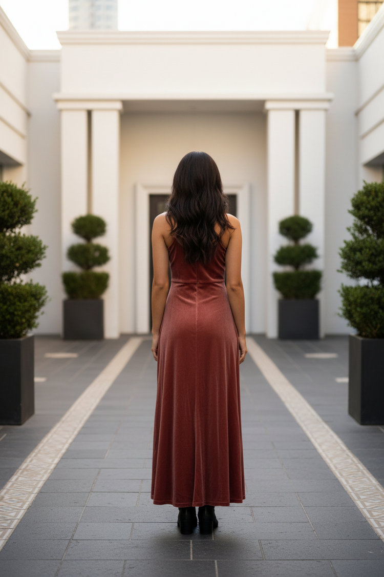 Terra Cotta Velvet Gown with Drape Neck, Size 4