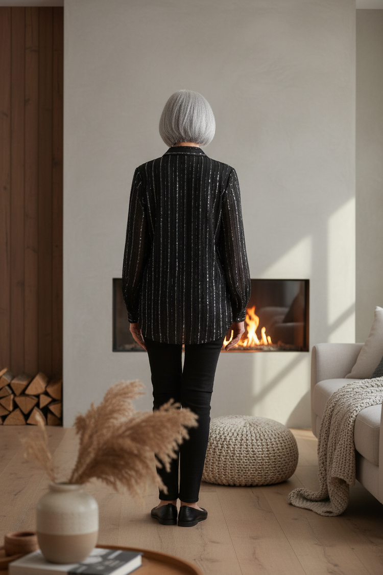 Sténay Black Silk Blouse with Beads & Sequins, Size 2X