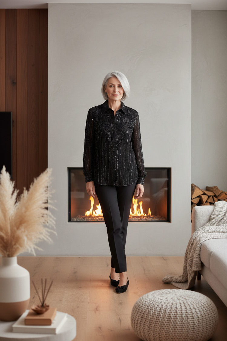 Sténay Black Silk Blouse with Beads & Sequins, Size 2X