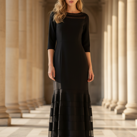 Xscape Black Jersey Gown with Circular Mesh Inserts, Size 14