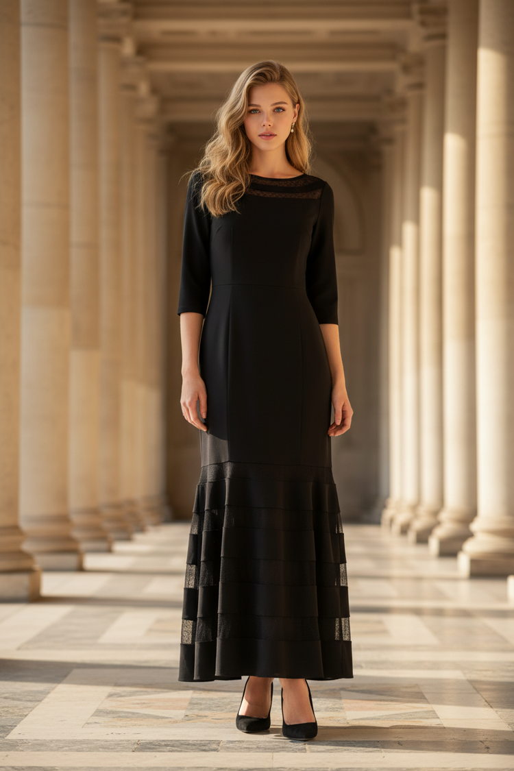 Xscape Black Jersey Gown with Circular Mesh Inserts, Size 14