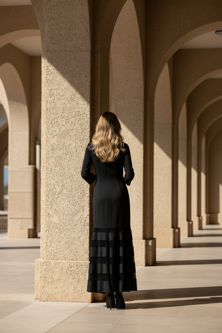 Xscape Black Jersey Gown with Circular Mesh Inserts, Size 14