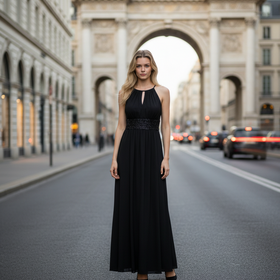 R&M Richards Black Jersey Gown with Beaded Waist, Size 6