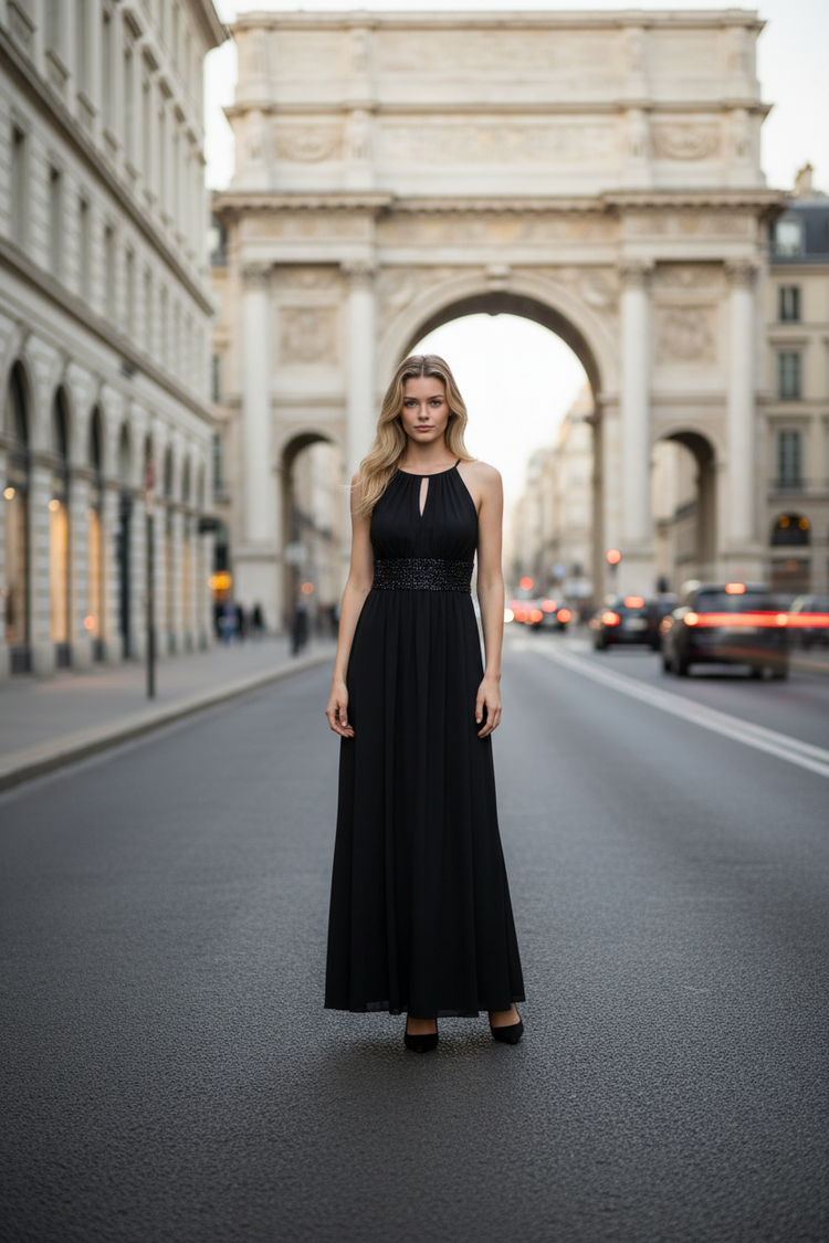 R&M Richards Black Jersey Gown with Beaded Waist, Size 6