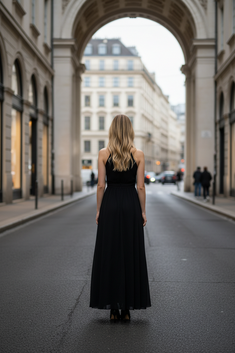 R&M Richards Black Jersey Gown with Beaded Waist, Size 6