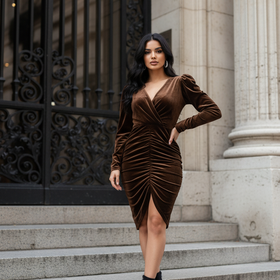 Brown Velvet Dress with Ruched Front, Size M