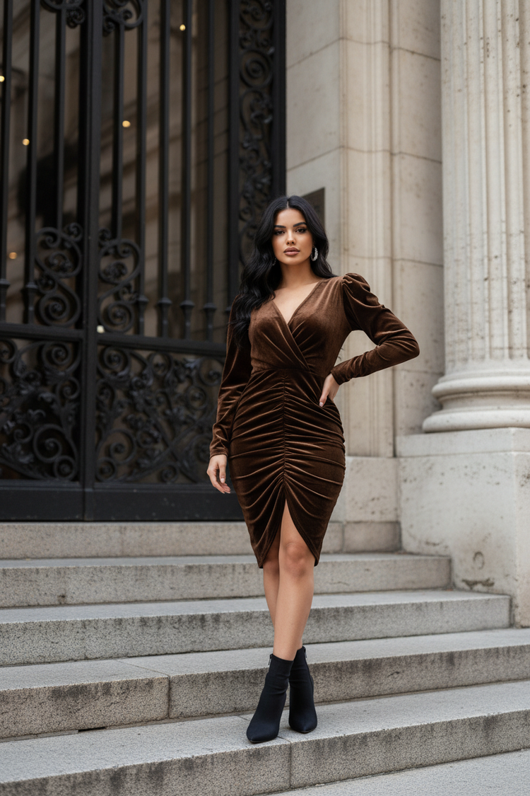 Brown Velvet Dress with Ruched Front, Size M