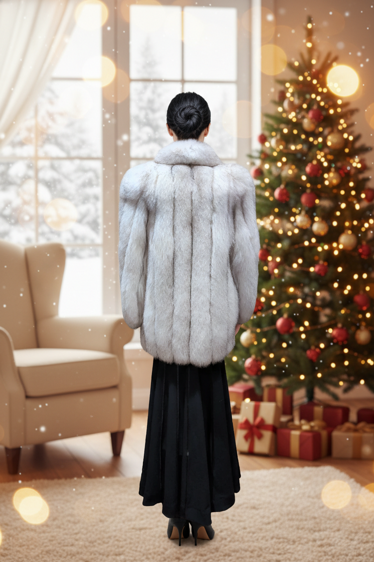 Sabau Furs Blue Fox Stroller with Statement Shawl Collar, Size M/L