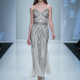 Marina Champagne Beaded Gown, Size 2