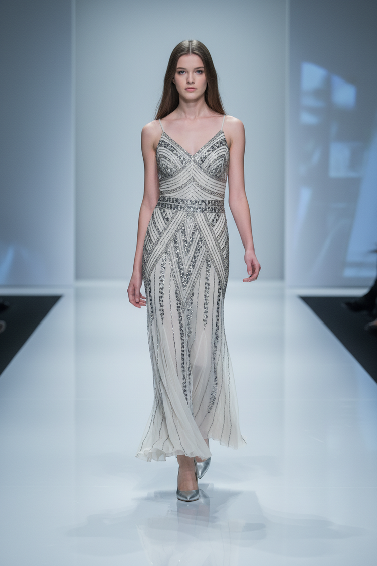 Marina Champagne Beaded Gown, Size 2