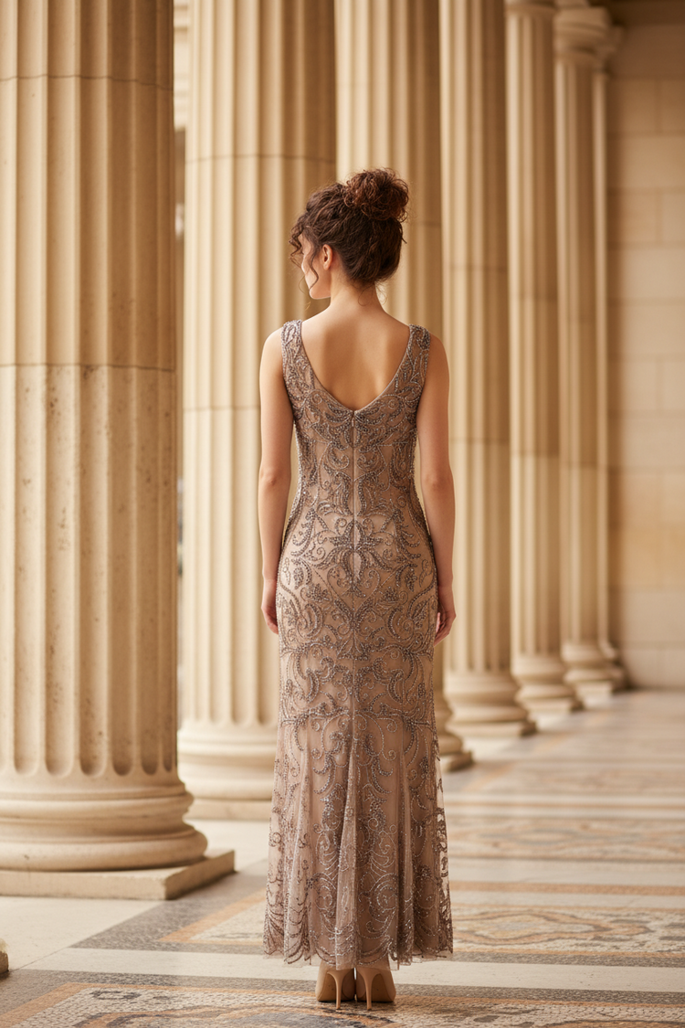 Adrianna Papell Taupe Beaded Gown with Mesh Godets, Size 10