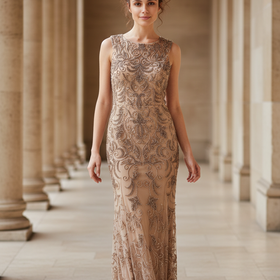 Adrianna Papell Taupe Beaded Gown with Mesh Godets, Size 10