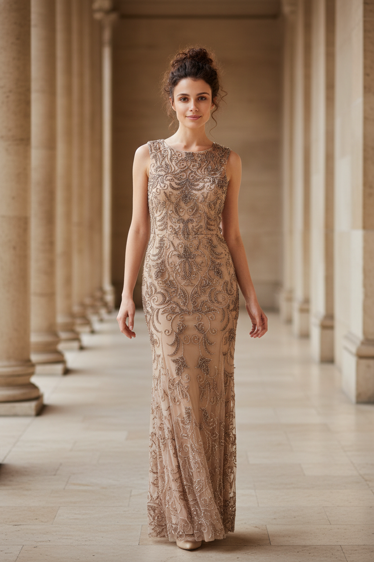 Adrianna Papell Taupe Beaded Gown with Mesh Godets, Size 10