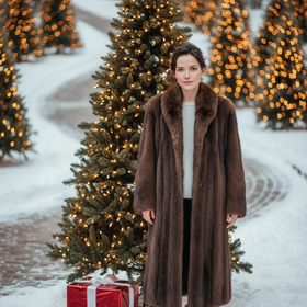 Furs of Distinction Natural Dark Brown Beaver Long Coat w/Shawl Collar, Size XL