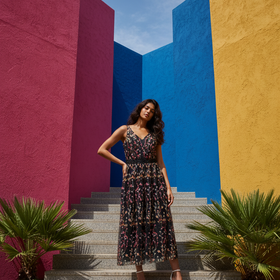 Black Gown With Floral Embroidery, Beaded Waist, Size XL